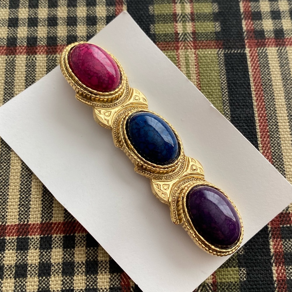 Anthropologie Gold Brooch with Pink, Blue, and Purple Stones